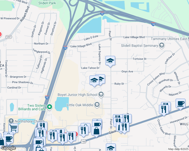 map of restaurants, bars, coffee shops, grocery stores, and more near 96 Hidden Oaks Lane in Slidell