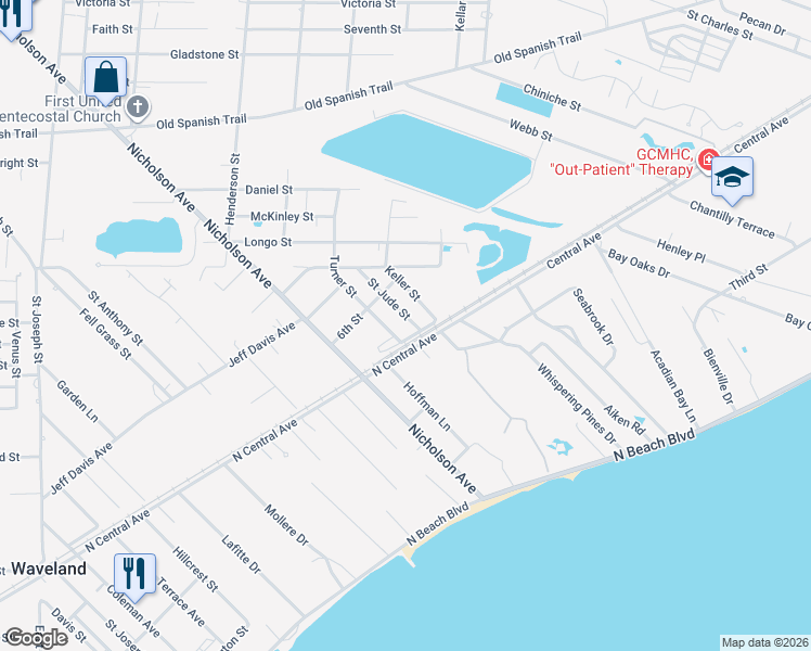 map of restaurants, bars, coffee shops, grocery stores, and more near 409 Saint Jude Street in Waveland