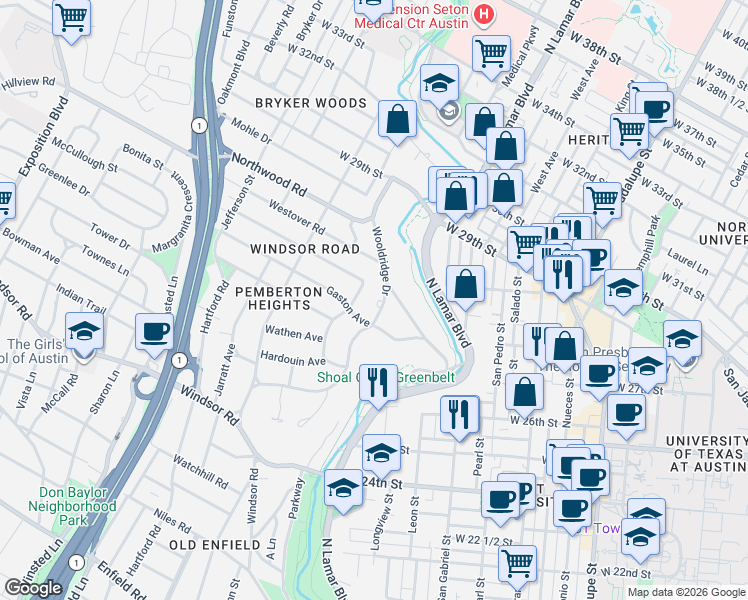 map of restaurants, bars, coffee shops, grocery stores, and more near 2607 Wooldridge Drive in Austin
