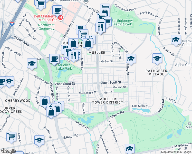 map of restaurants, bars, coffee shops, grocery stores, and more near 4241 Threadgill Street in Austin