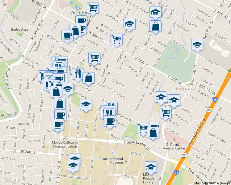 map of restaurants, bars, coffee shops, grocery stores, and more near East 32nd Street & Walling Drive in Austin