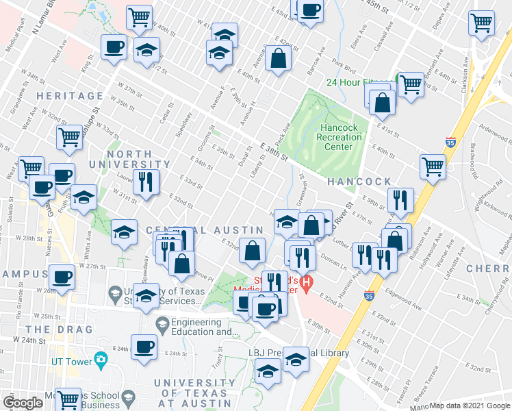 map of restaurants, bars, coffee shops, grocery stores, and more near Harris Park Ave & Harris Ave in Austin