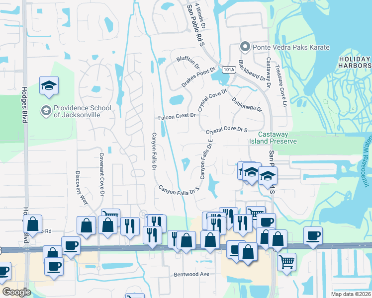 map of restaurants, bars, coffee shops, grocery stores, and more near 2889 Waverly Falls Court in Jacksonville