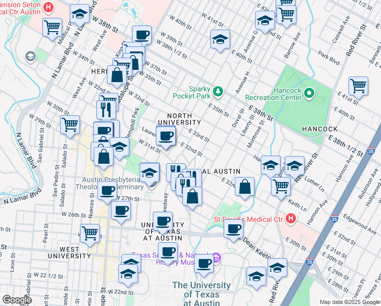 map of restaurants, bars, coffee shops, grocery stores, and more near 306 East 32nd Street in Austin