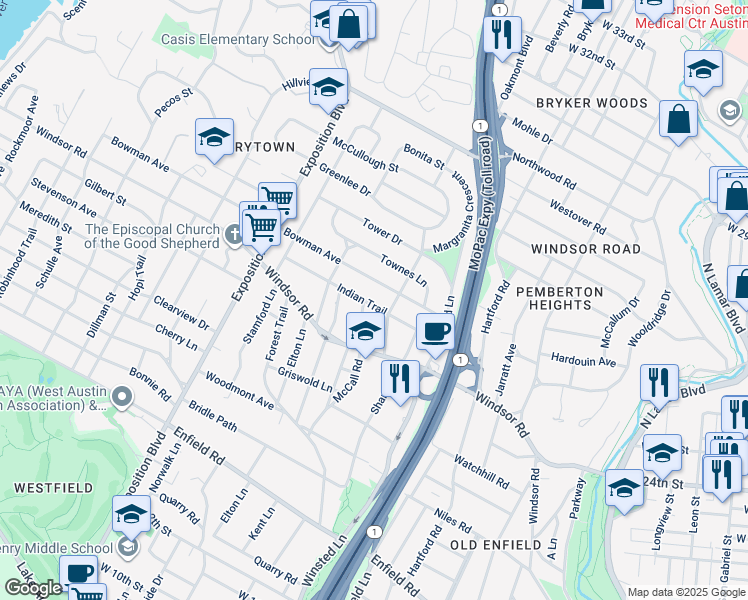 map of restaurants, bars, coffee shops, grocery stores, and more near 2201 Bowman Avenue in Austin