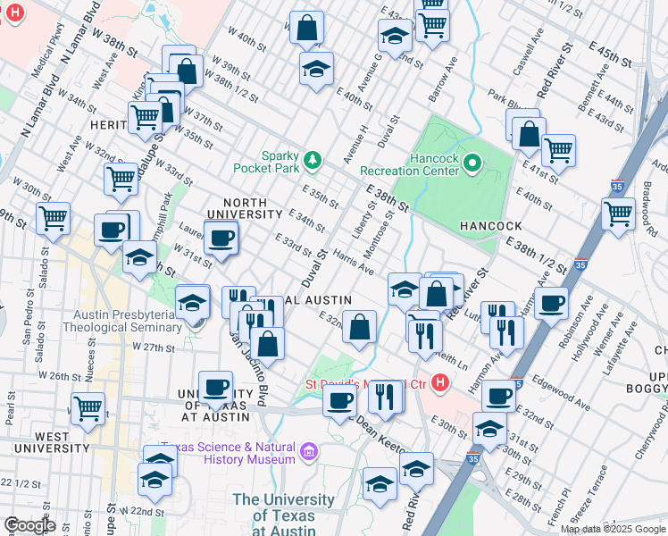 map of restaurants, bars, coffee shops, grocery stores, and more near 509 Harris Avenue in Austin