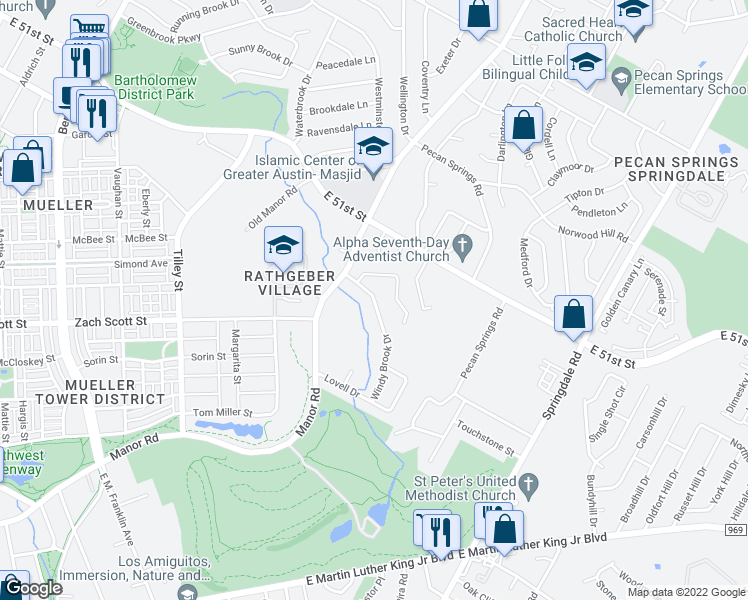 map of restaurants, bars, coffee shops, grocery stores, and more near Creekwood Road in Austin