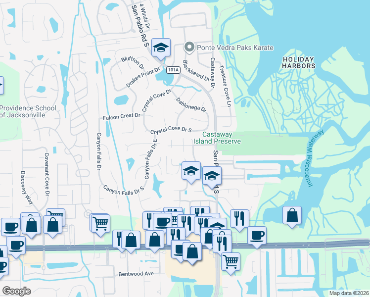 map of restaurants, bars, coffee shops, grocery stores, and more near 14257 Van Zile Avenue in Jacksonville
