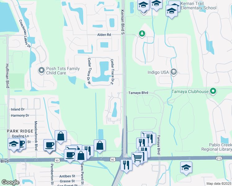 map of restaurants, bars, coffee shops, grocery stores, and more near 12210 Cedar Trace Drive North in Jacksonville