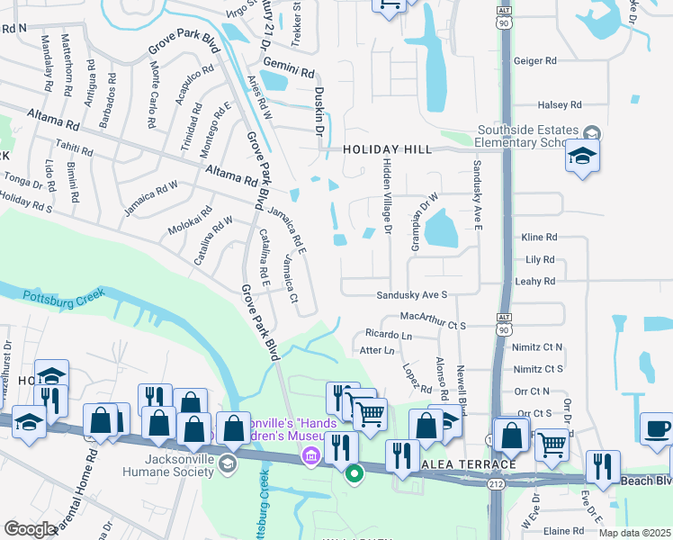 map of restaurants, bars, coffee shops, grocery stores, and more near 2742 Sandusky Avenue West in Jacksonville