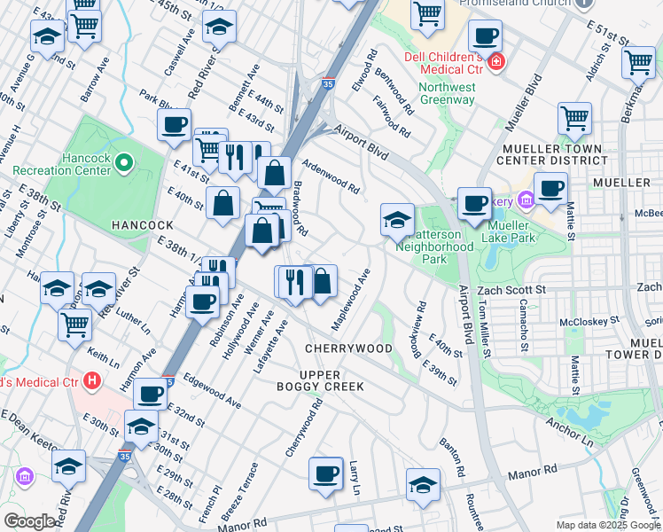 map of restaurants, bars, coffee shops, grocery stores, and more near 1408 Kirkwood Road in Austin