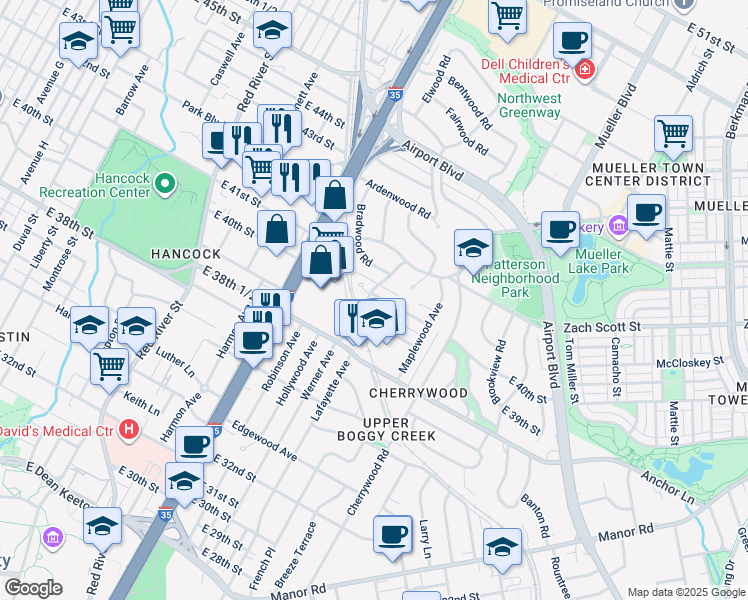map of restaurants, bars, coffee shops, grocery stores, and more near 1305 Kirkwood Road in Austin