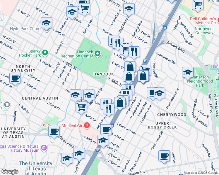 map of restaurants, bars, coffee shops, grocery stores, and more near 1000 East 38th Street in Austin