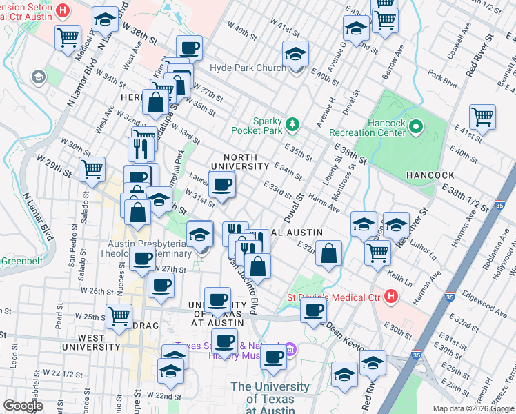 map of restaurants, bars, coffee shops, grocery stores, and more near 306 East 32nd Street in Austin