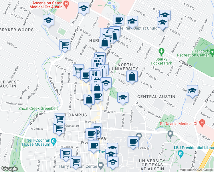 map of restaurants, bars, coffee shops, grocery stores, and more near in Austin