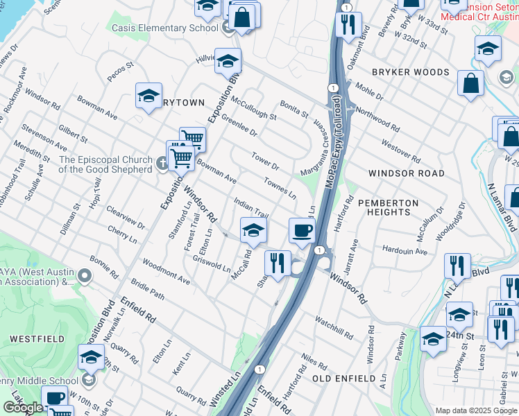 map of restaurants, bars, coffee shops, grocery stores, and more near 2201 Bowman Avenue in Austin