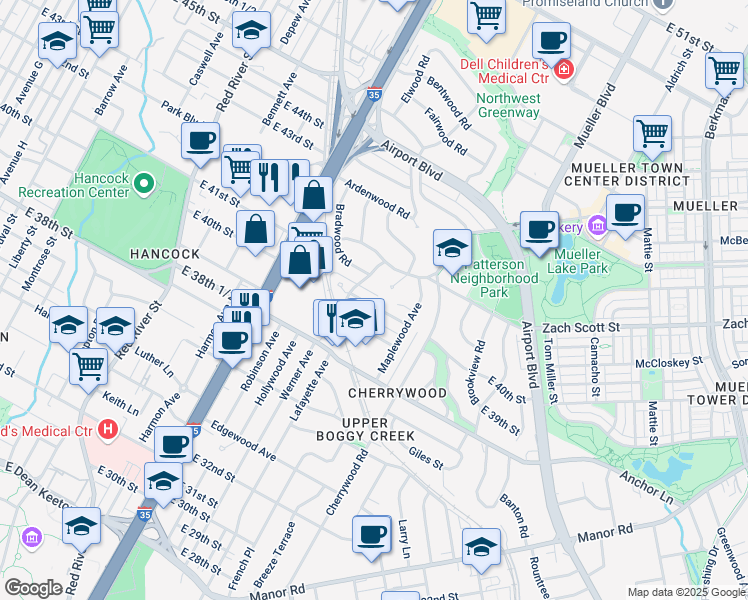 map of restaurants, bars, coffee shops, grocery stores, and more near 1408 Kirkwood Road in Austin