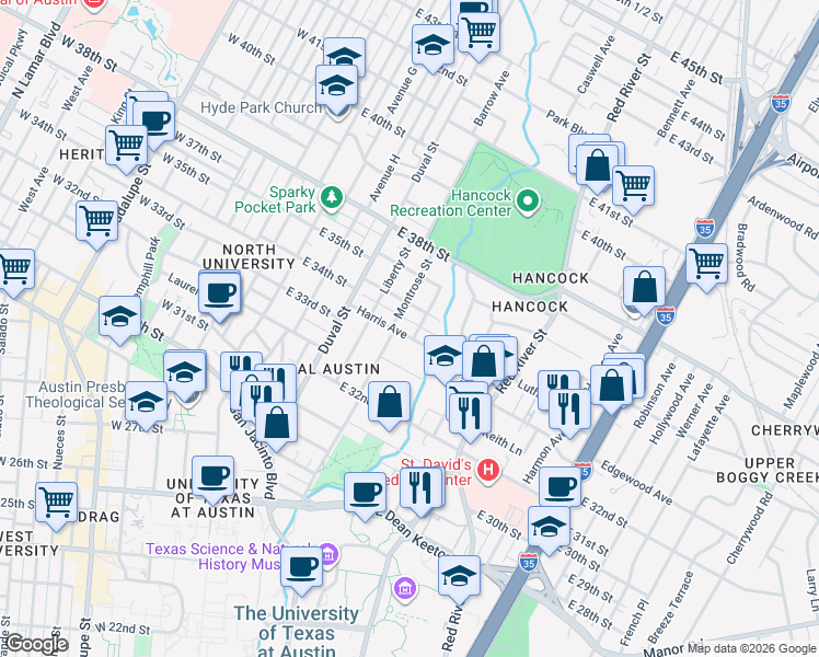 map of restaurants, bars, coffee shops, grocery stores, and more near 700 Harris Avenue in Austin