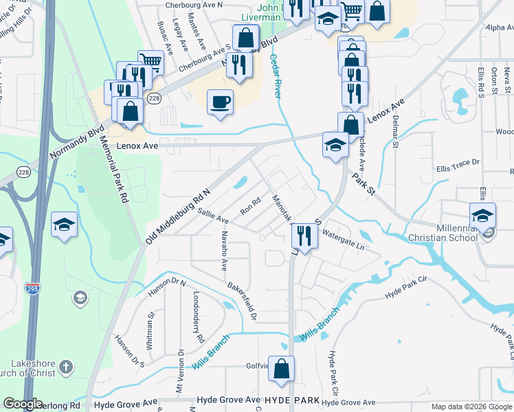 map of restaurants, bars, coffee shops, grocery stores, and more near 1430 Ron Road in Jacksonville