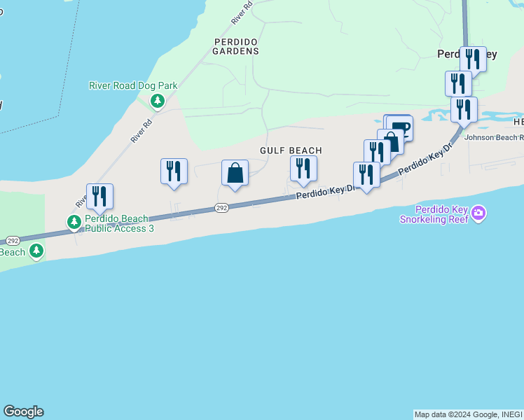map of restaurants, bars, coffee shops, grocery stores, and more near 14237 Perdido Key Drive in Pensacola