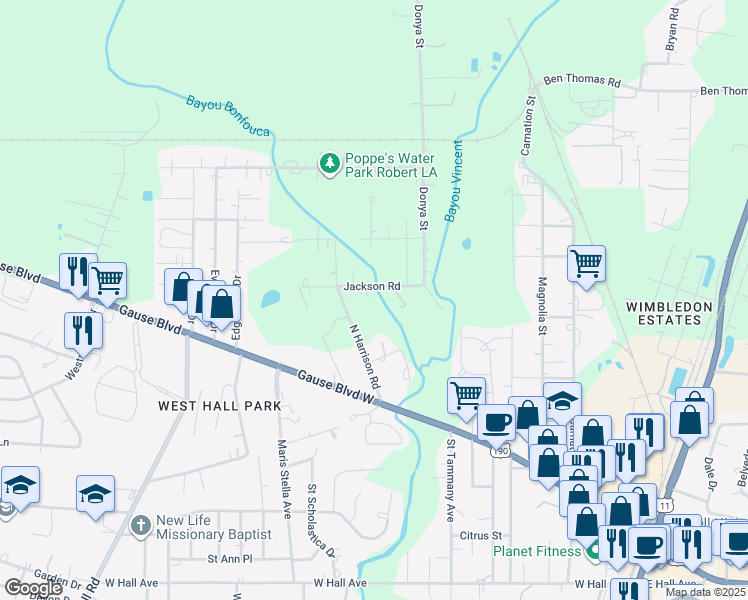 map of restaurants, bars, coffee shops, grocery stores, and more near 36428 Jackson Road in Slidell