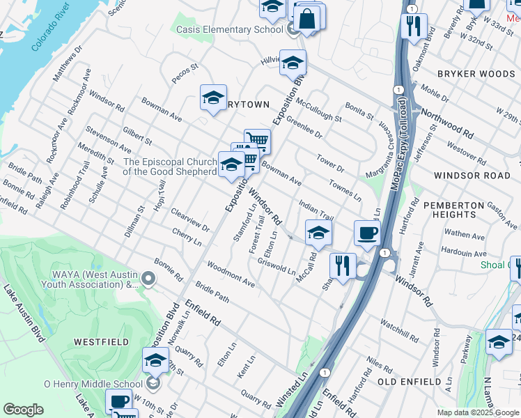 map of restaurants, bars, coffee shops, grocery stores, and more near 2208 Forest Trail in Austin
