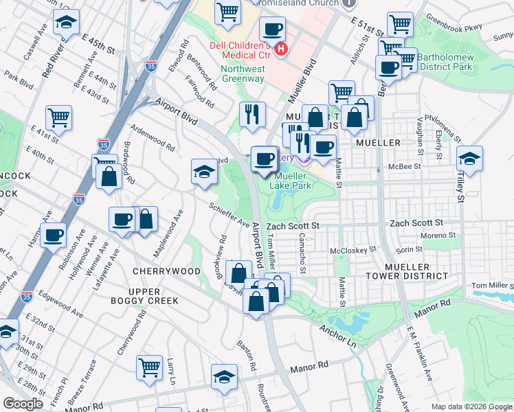 map of restaurants, bars, coffee shops, grocery stores, and more near Airport Boulevard in Austin