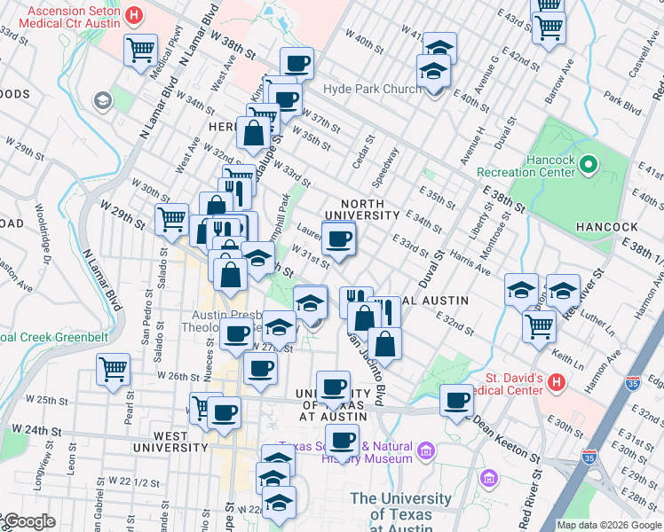 map of restaurants, bars, coffee shops, grocery stores, and more near Speedway & East 31st Street in Austin