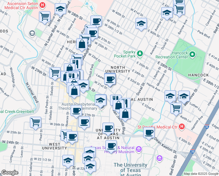 map of restaurants, bars, coffee shops, grocery stores, and more near 3101 Speedway in Austin
