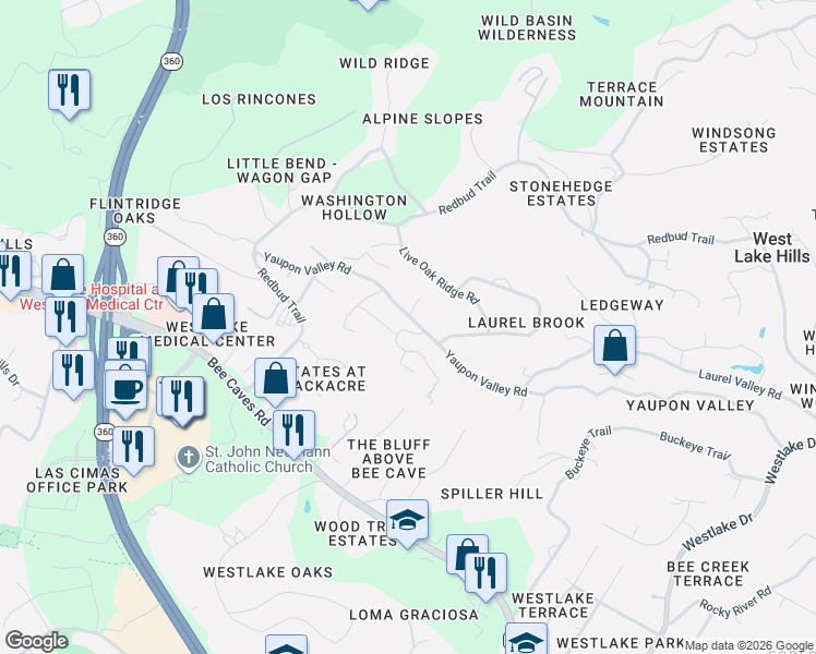 map of restaurants, bars, coffee shops, grocery stores, and more near 1107 Yaupon Valley Road in West Lake Hills