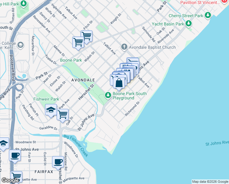 map of restaurants, bars, coffee shops, grocery stores, and more near 3668 Riverside Avenue in Jacksonville