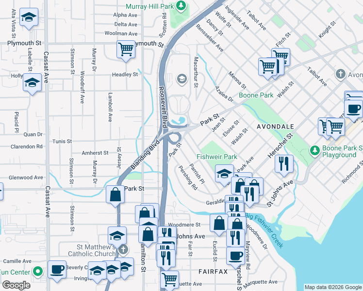 map of restaurants, bars, coffee shops, grocery stores, and more near 1504 Charon Road in Jacksonville