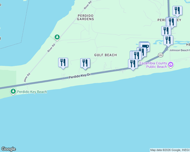 map of restaurants, bars, coffee shops, grocery stores, and more near 14125 Perdido Key Drive in Pensacola