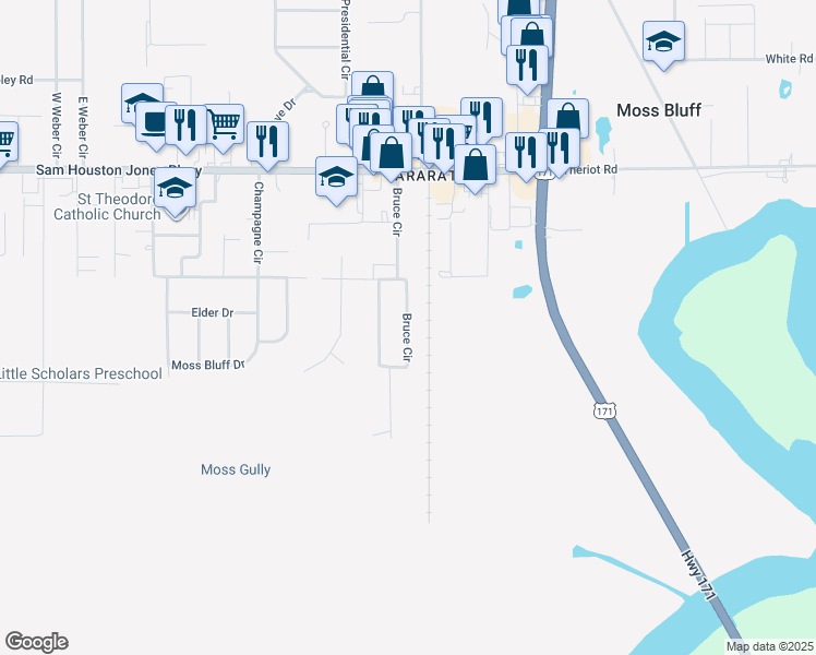 map of restaurants, bars, coffee shops, grocery stores, and more near 385 Bruce Circle in Lake Charles