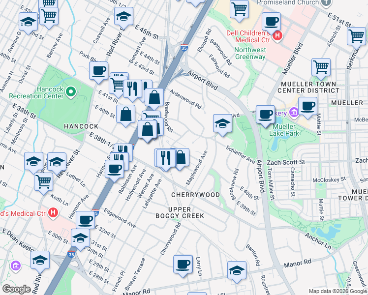 map of restaurants, bars, coffee shops, grocery stores, and more near 1408 Kirkwood Road in Austin