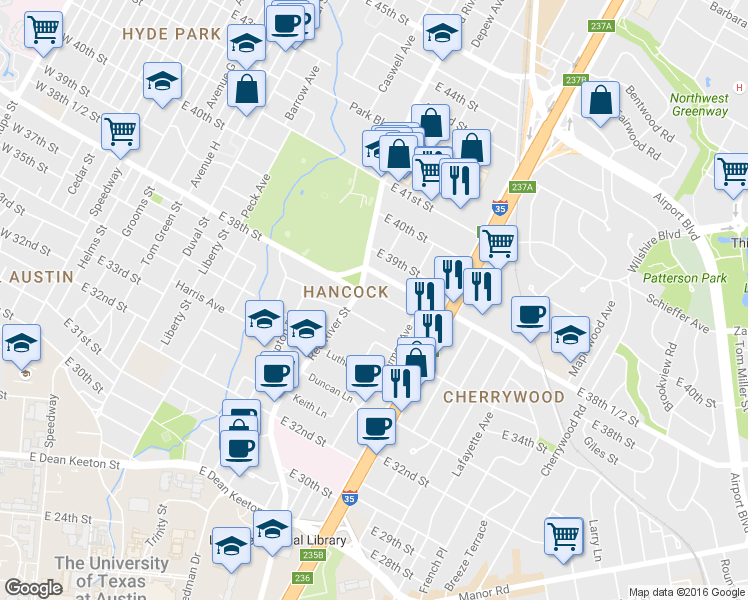 map of restaurants, bars, coffee shops, grocery stores, and more near 3707 Red River Street in Austin
