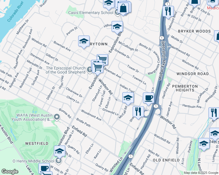map of restaurants, bars, coffee shops, grocery stores, and more near 3009 Windsor Road in Austin