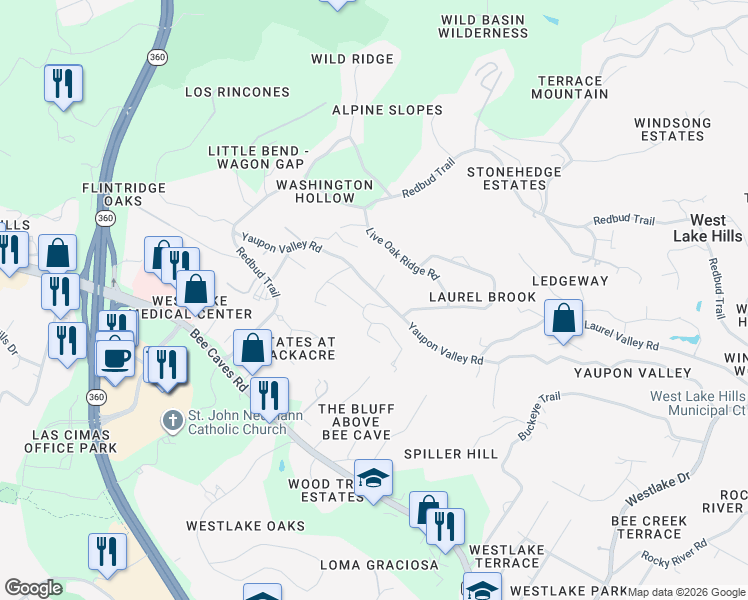 map of restaurants, bars, coffee shops, grocery stores, and more near 1107 Yaupon Valley Road in West Lake Hills