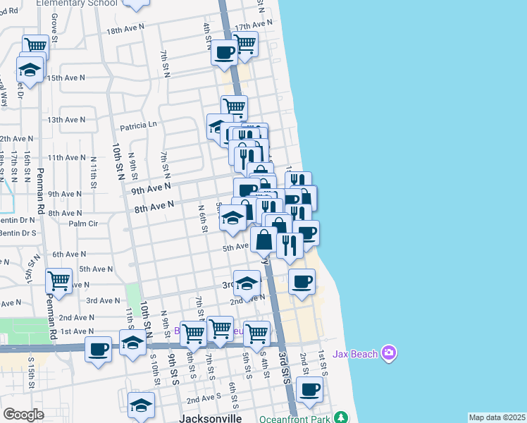 map of restaurants, bars, coffee shops, grocery stores, and more near 725 3rd Street North in Jacksonville Beach