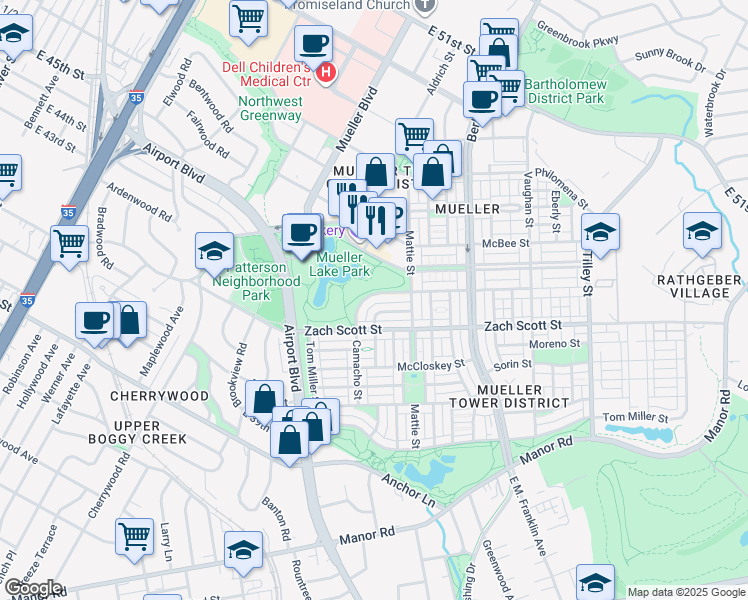 map of restaurants, bars, coffee shops, grocery stores, and more near 4229 Camacho Street in Austin