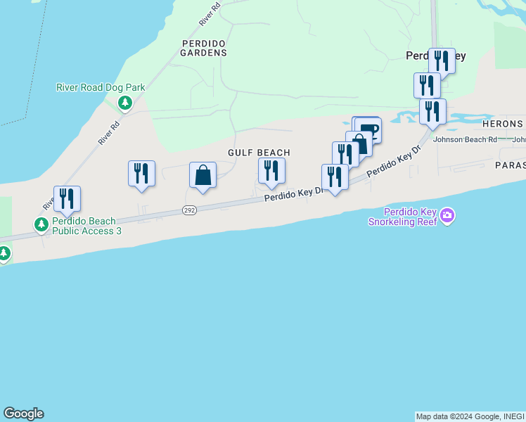 map of restaurants, bars, coffee shops, grocery stores, and more near 14115 Perdido Key Drive in Pensacola