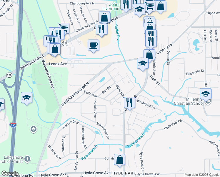 map of restaurants, bars, coffee shops, grocery stores, and more near 1430 Ron Road in Jacksonville