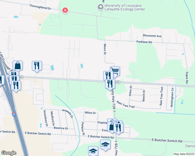 map of restaurants, bars, coffee shops, grocery stores, and more near 537 East Gloria Switch Road in Lafayette