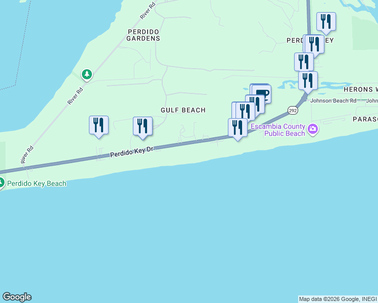 map of restaurants, bars, coffee shops, grocery stores, and more near 14115 Perdido Key Drive in Pensacola
