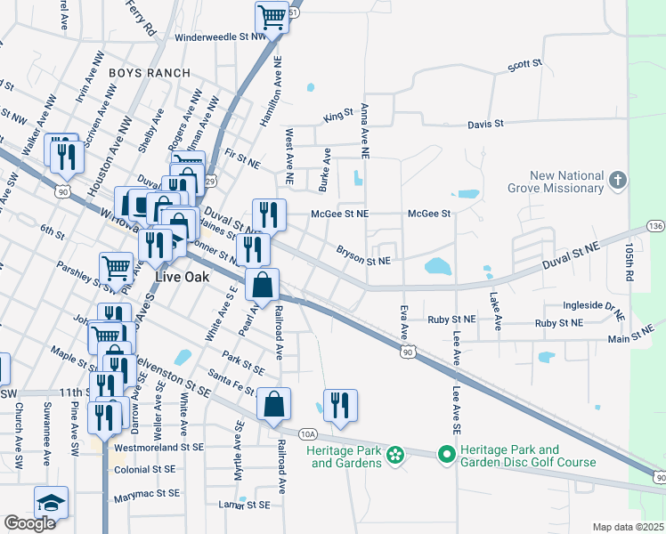 map of restaurants, bars, coffee shops, grocery stores, and more near 617 Duval Street Northeast in Live Oak