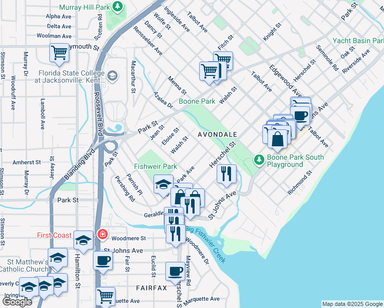 map of restaurants, bars, coffee shops, grocery stores, and more near 3858 Valencia Road in Jacksonville