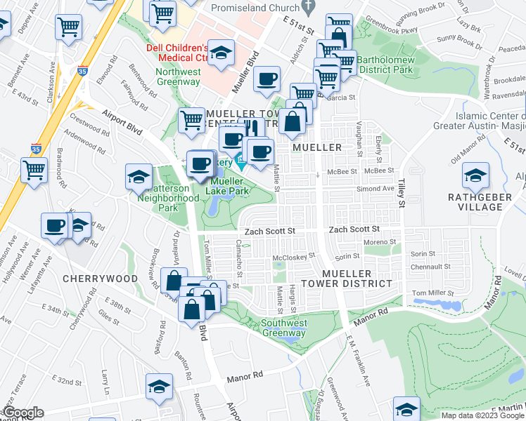 map of restaurants, bars, coffee shops, grocery stores, and more near 4309 Camacho Street in Austin