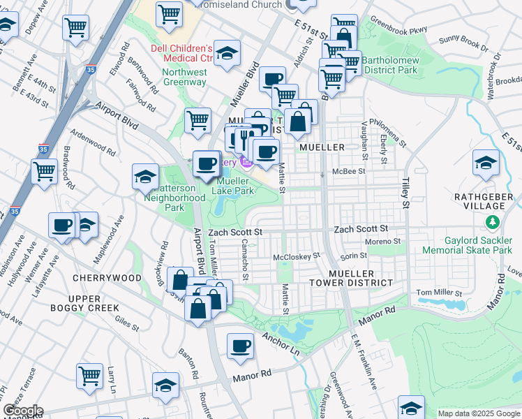 map of restaurants, bars, coffee shops, grocery stores, and more near 4233 Camacho Street in Austin
