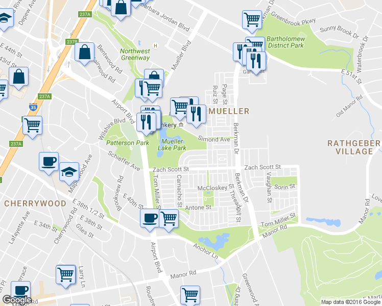 map of restaurants, bars, coffee shops, grocery stores, and more near 4233 Camacho Street in Austin