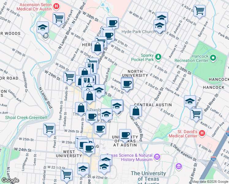 map of restaurants, bars, coffee shops, grocery stores, and more near 3008 Cedar Street in Austin